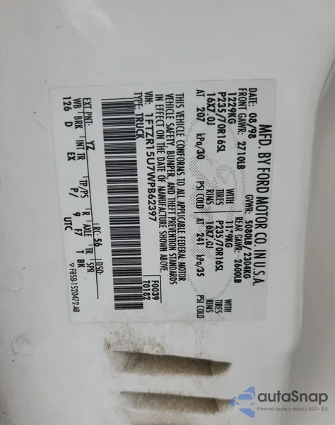 1998 Ford Ranger Super Cab z USA, uszkodzony, nr VIN 1FTZR15U7WPB62397